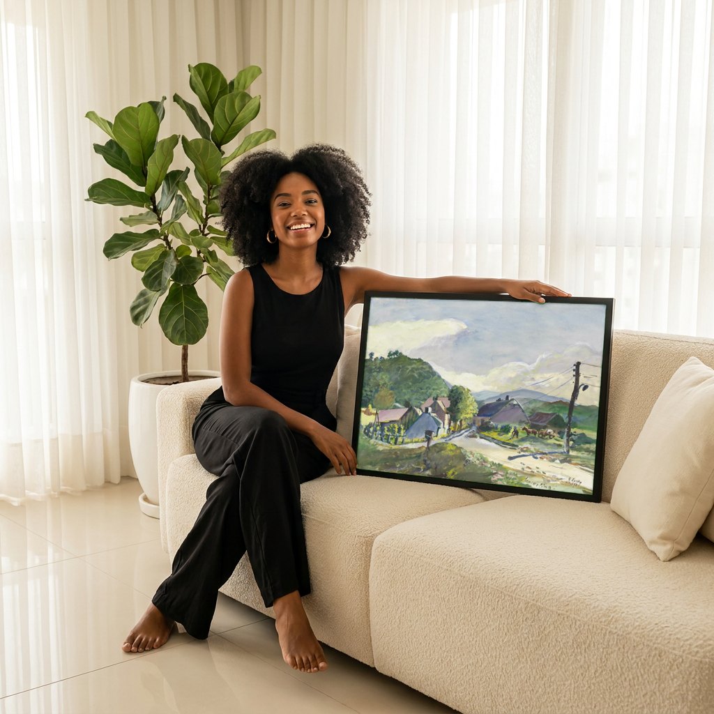 Quadro Decorativo Paisagem Rural com Casarios - Oskar Laske | modelo apresentando o quadro emoldurado