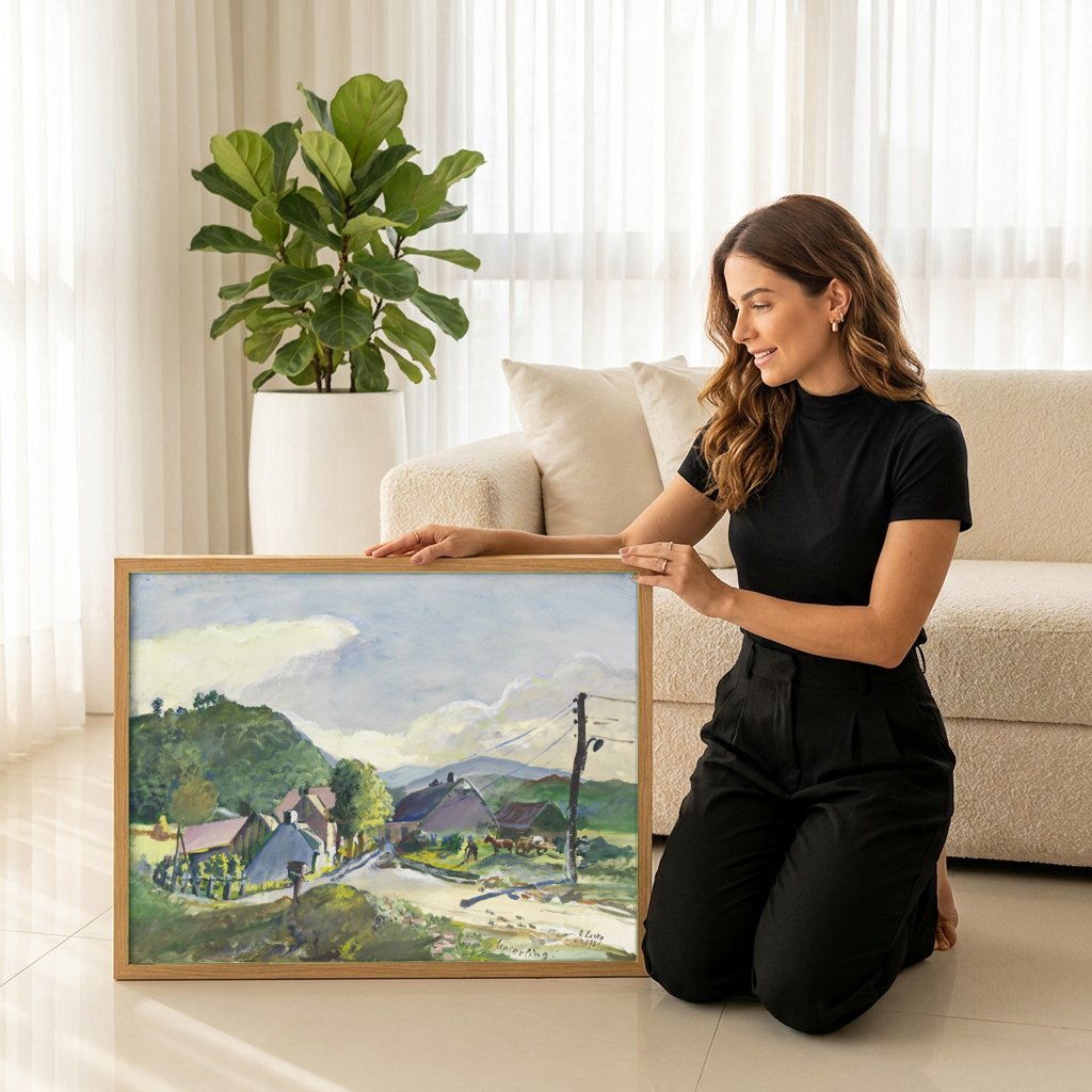 Quadro Decorativo Paisagem Rural com Casarios - Oskar Laske | modelo apresentando o quadro emoldurado