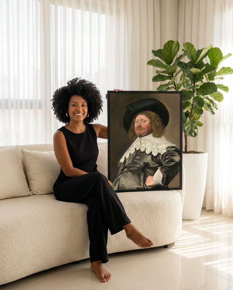 Quadro Decorativo Retrato de Homem - Frans Hals | modelo apresentando o quadro emoldurado