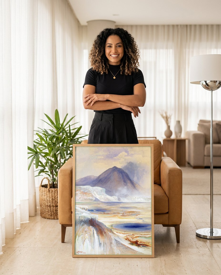Quadro Decorativo Formações Geotérmicas - Thomas Moran | modelo apresentando o quadro emoldurado