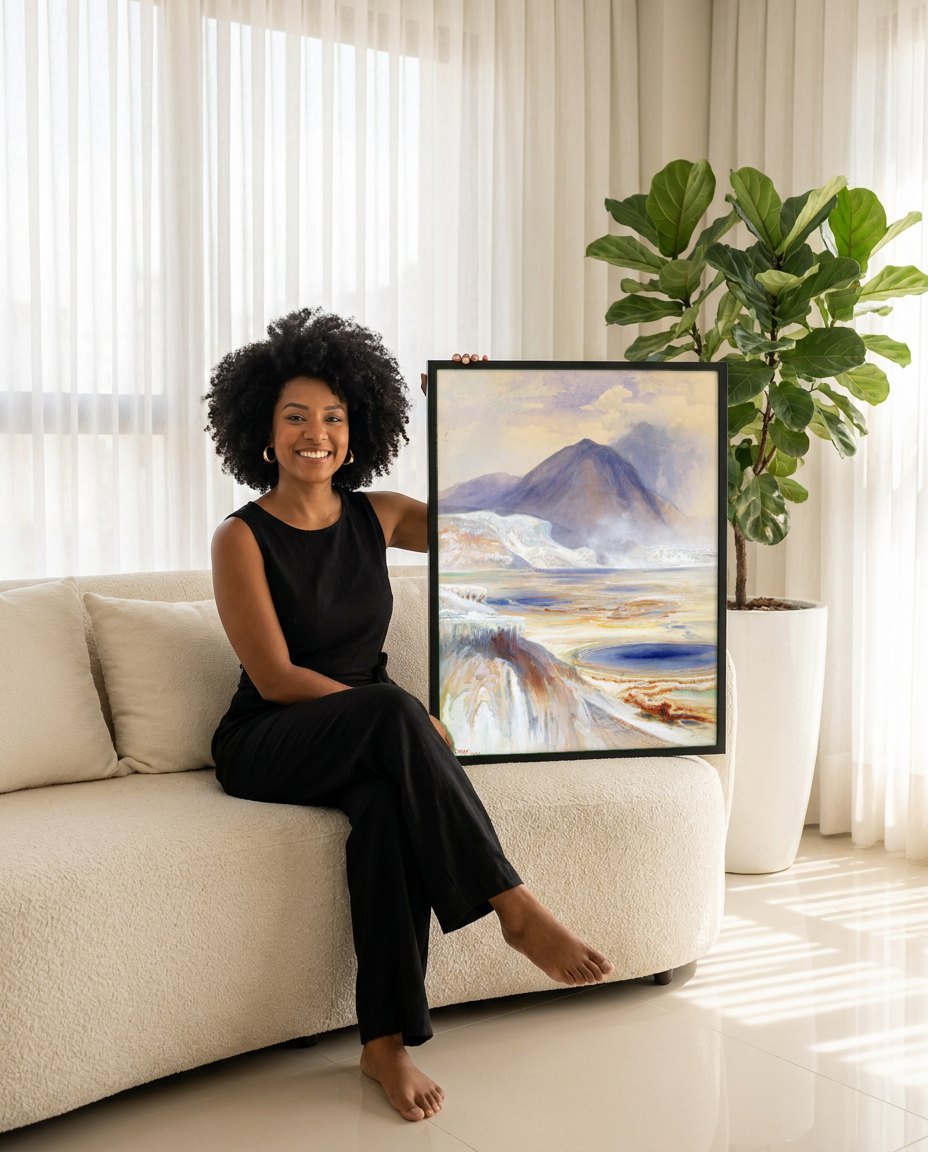 Quadro Decorativo Formações Geotérmicas - Thomas Moran | modelo apresentando o quadro emoldurado
