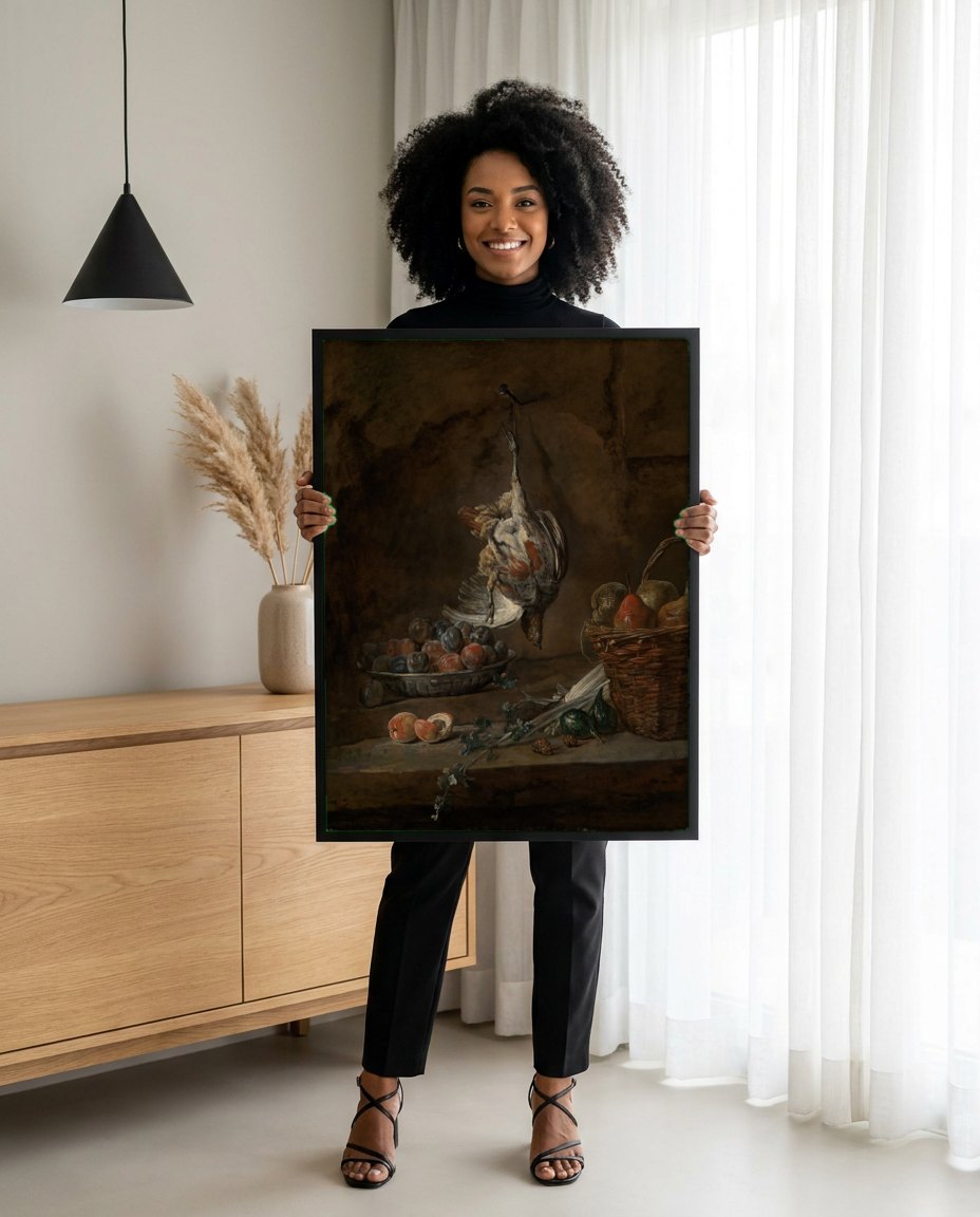 Quadro Decorativo Natureza-morta com Pássaro Morto - Chardin | modelo apresentando o quadro emoldurado