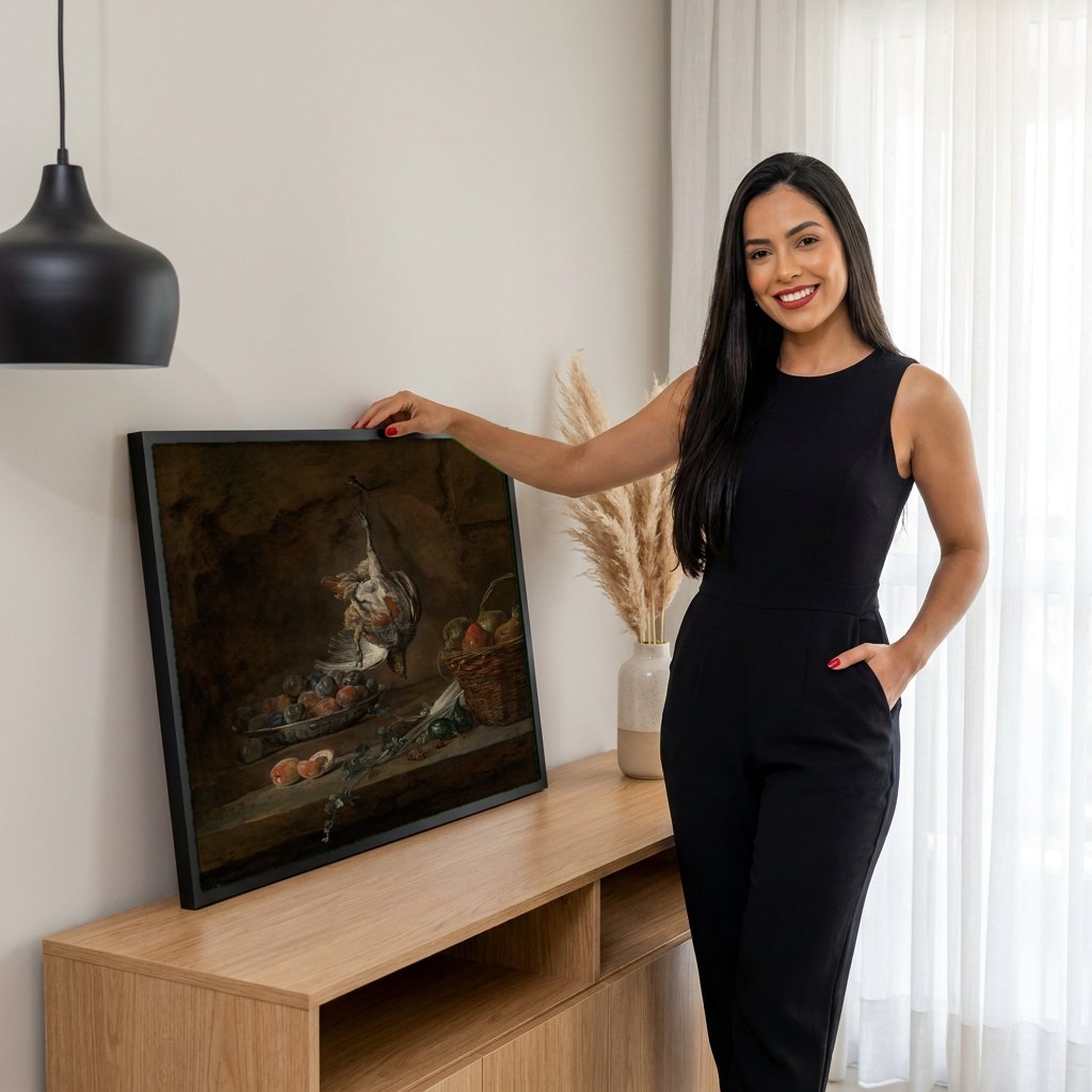 Quadro Decorativo Natureza-morta com Pássaro Morto - Chardin | modelo apresentando o quadro emoldurado
