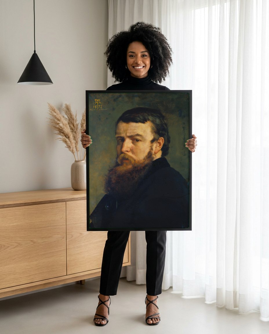 Quadro Decorativo Autorretrato (1873) - Hans Thoma | modelo apresentando o quadro emoldurado