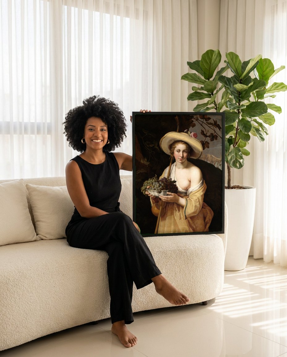 Quadro Decorativo A Pastora ou Vertumnus e Pomona - Abraham Bloemaert | modelo apresentando o quadro emoldurado