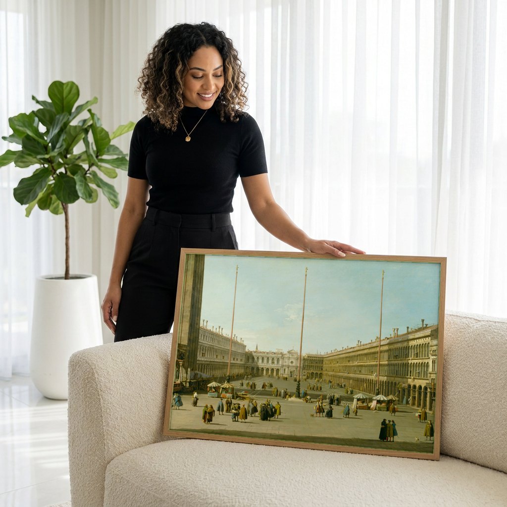 Quadro Decorativo A Praça de São Marcos - Canaletto | modelo apresentando o quadro emoldurado