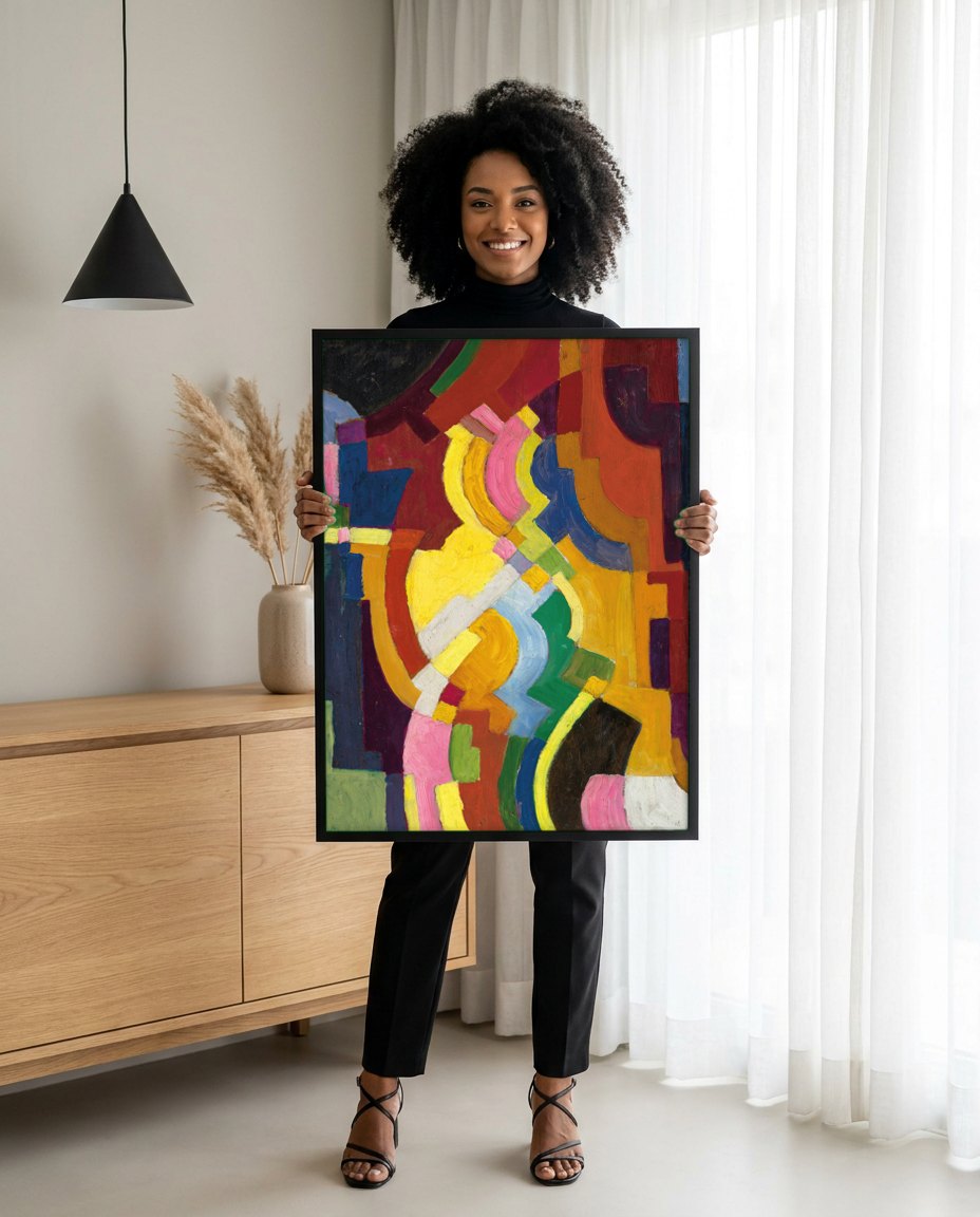 Quadro Decorativo Formas Abstratas - August Macke | modelo apresentando o quadro emoldurado