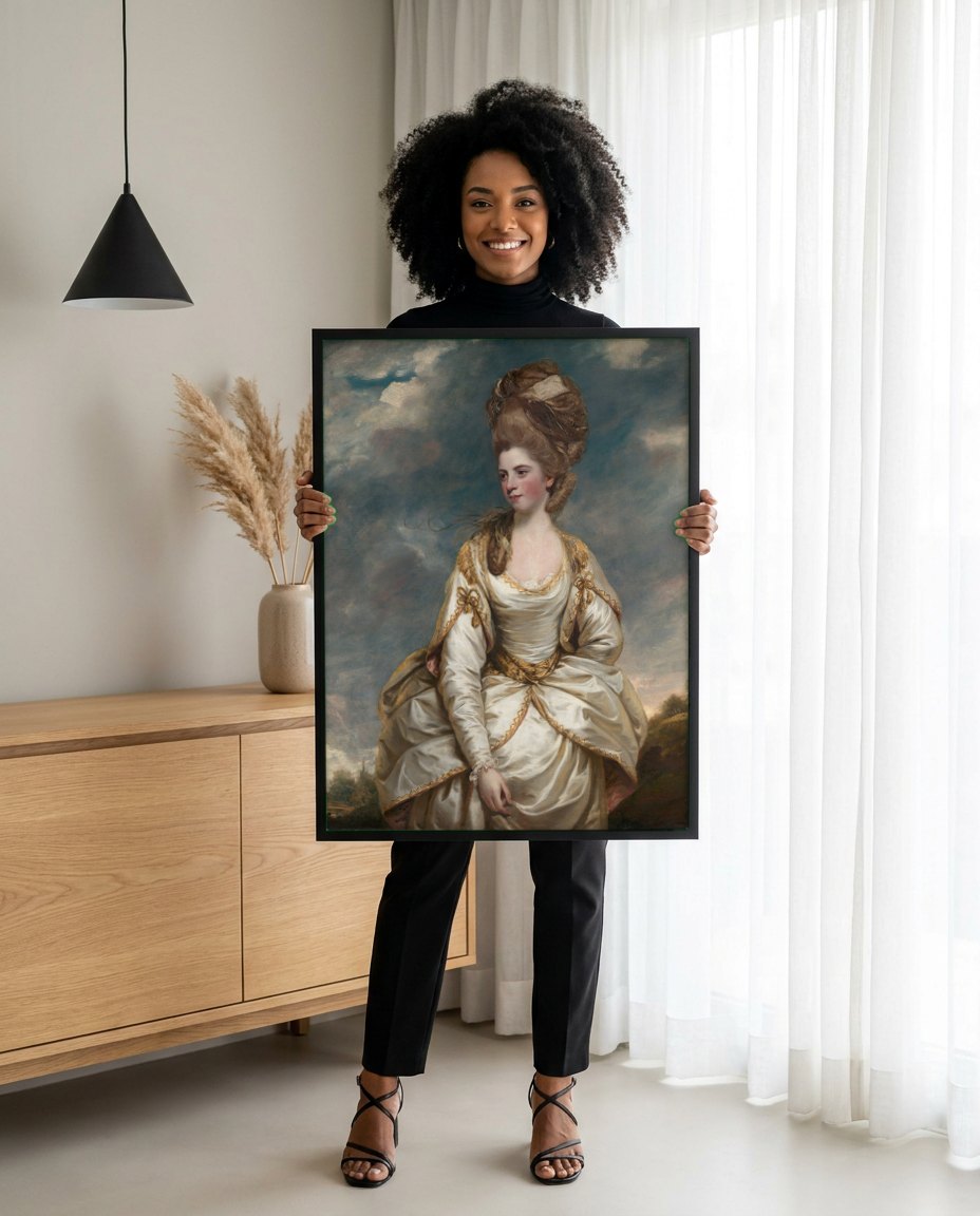 Quadro Decorativo Senhora com Traje de Seda - Sir Joshua Reynolds | modelo apresentando o quadro emoldurado