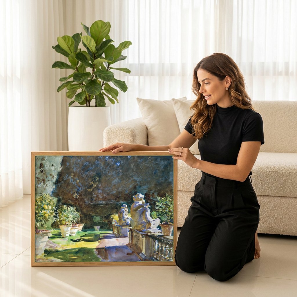 Quadro Decorativo Jardins com Estatuetas - John Singer Sargent | modelo apresentando o quadro emoldurado
