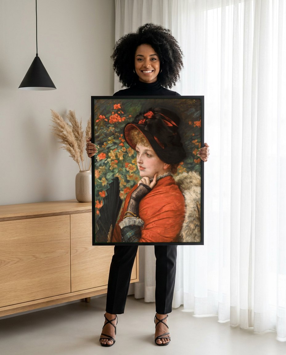Quadro Decorativo A Dama do Leque - James Tissot | modelo apresentando o quadro emoldurado