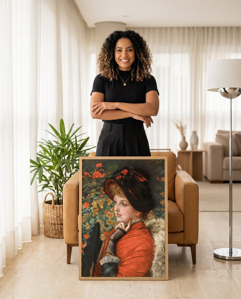 Quadro Decorativo A Dama do Leque - James Tissot | modelo apresentando o quadro emoldurado