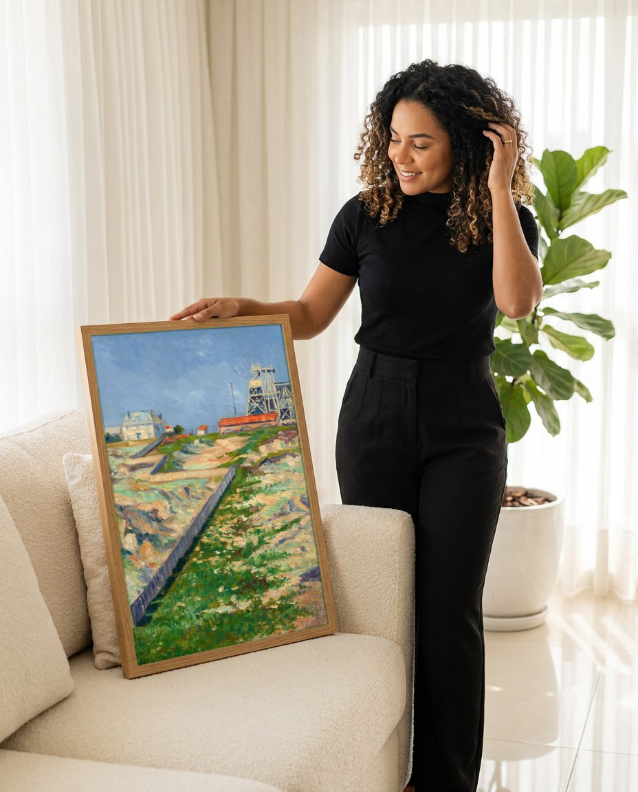 Quadro Decorativo Campo com Moinho e Casas - Paul Signac | modelo apresentando o quadro emoldurado