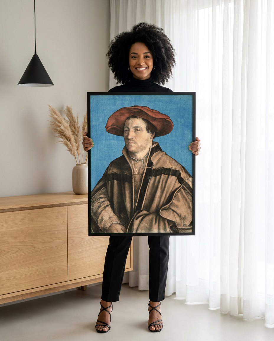 Quadro Decorativo Retrato de Jovem - Hans Holbein, o Jovem | modelo apresentando o quadro emoldurado