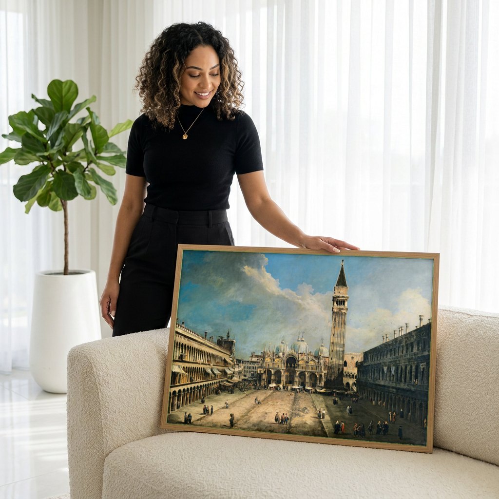 Quadro Decorativo A Praça de São Marcos - Canaletto | modelo apresentando o quadro emoldurado