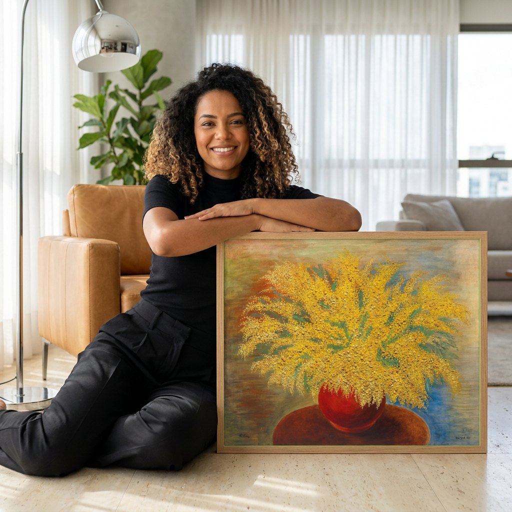Quadro Decorativo Mimosas Vibrantes - Moïse Kisling | modelo apresentando o quadro emoldurado