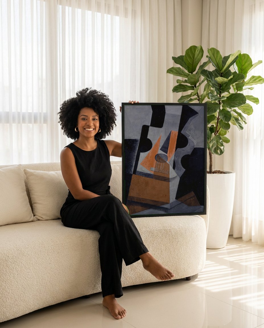 Quadro Decorativo A Guitarra - Juan Gris | modelo apresentando o quadro emoldurado