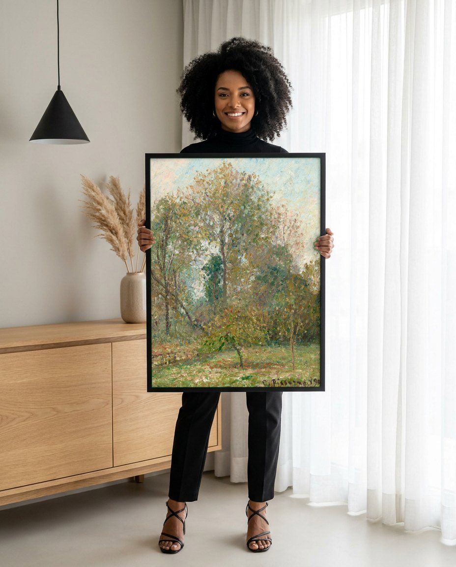 Quadro Decorativo Paisagem de Outono - Pissarro | modelo apresentando o quadro emoldurado