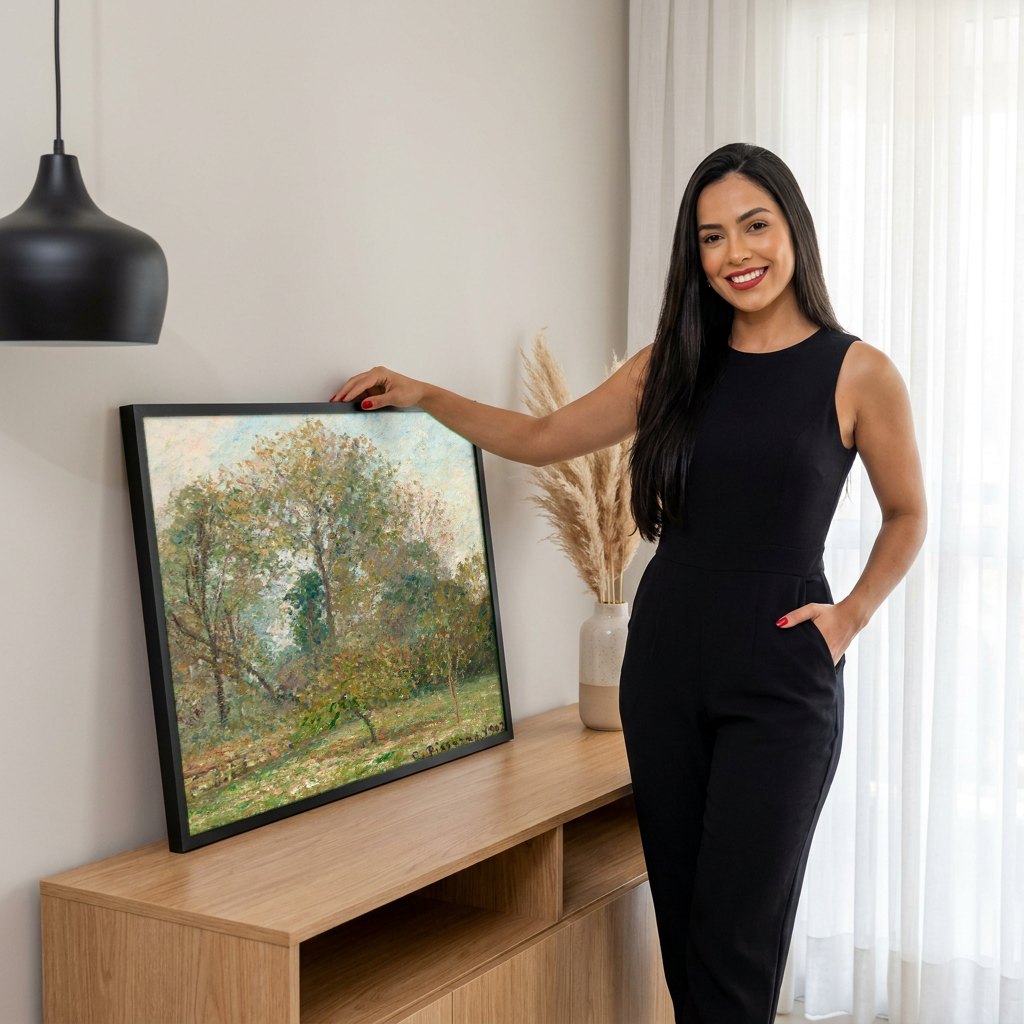 Quadro Decorativo Paisagem de Outono - Pissarro | modelo apresentando o quadro emoldurado