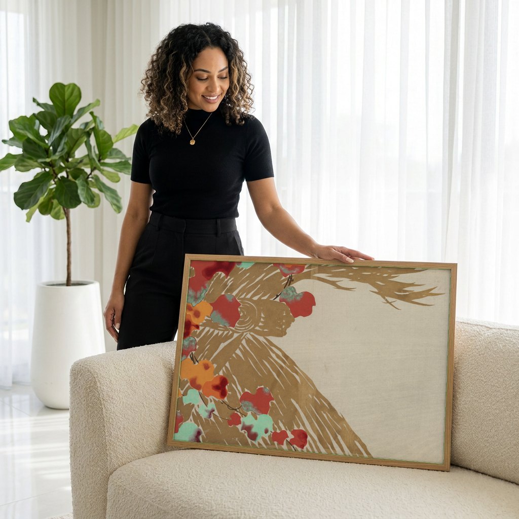 Quadro Decorativo Folhas de Outono - Kamisaka Sekka | modelo apresentando o quadro emoldurado