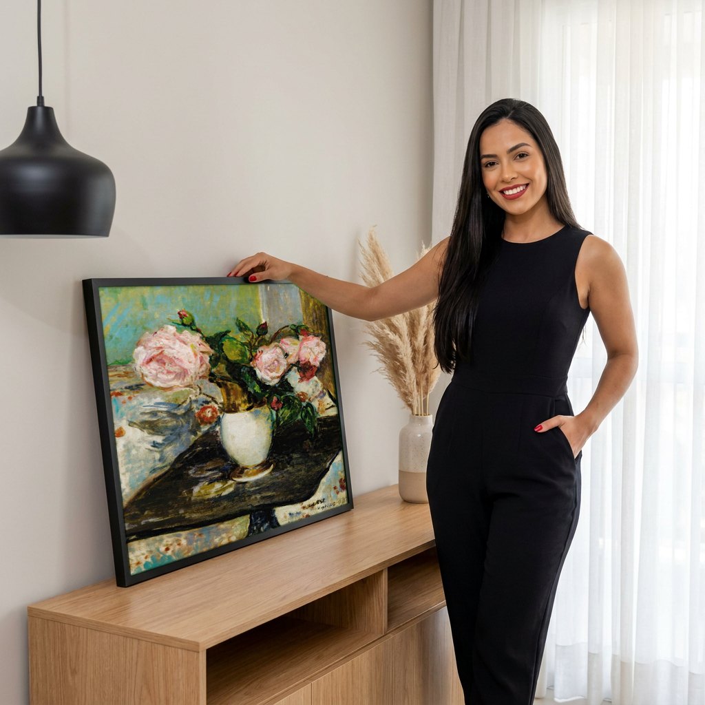 Quadro Decorativo Rosas em Vaso - Jacques Émile Blanche | modelo apresentando o quadro emoldurado