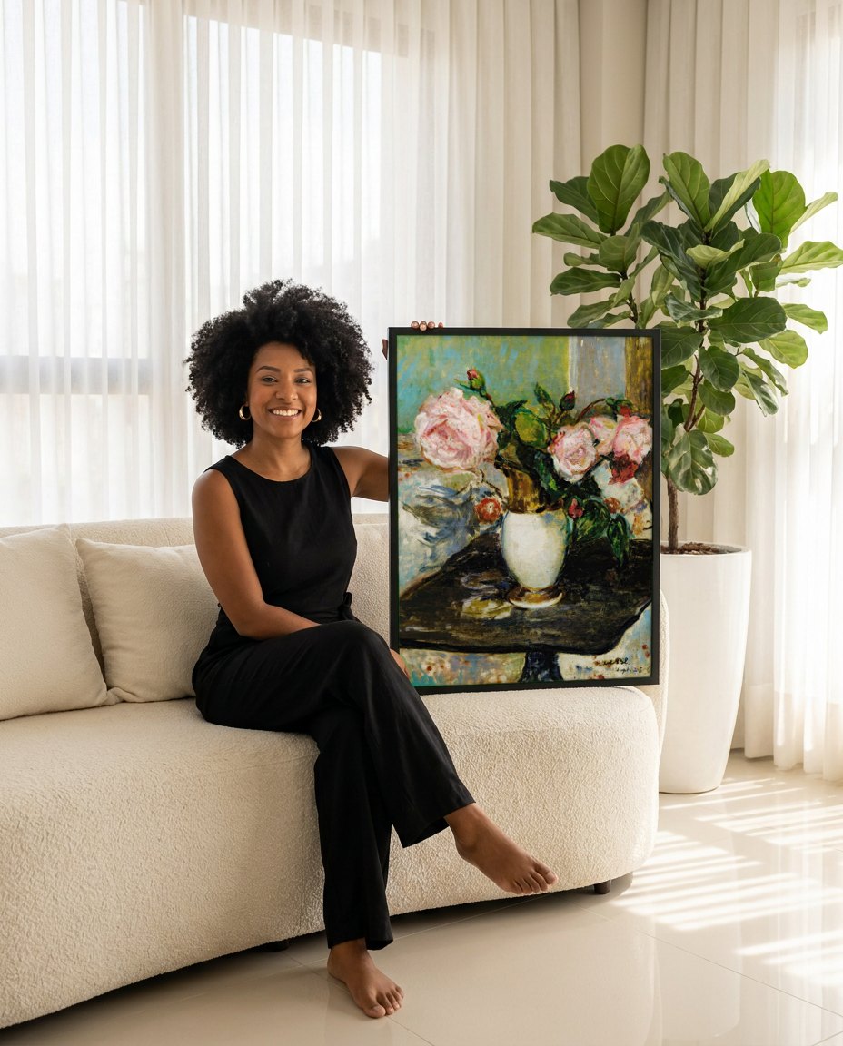 Quadro Decorativo Rosas em Vaso - Jacques Émile Blanche | modelo apresentando o quadro emoldurado