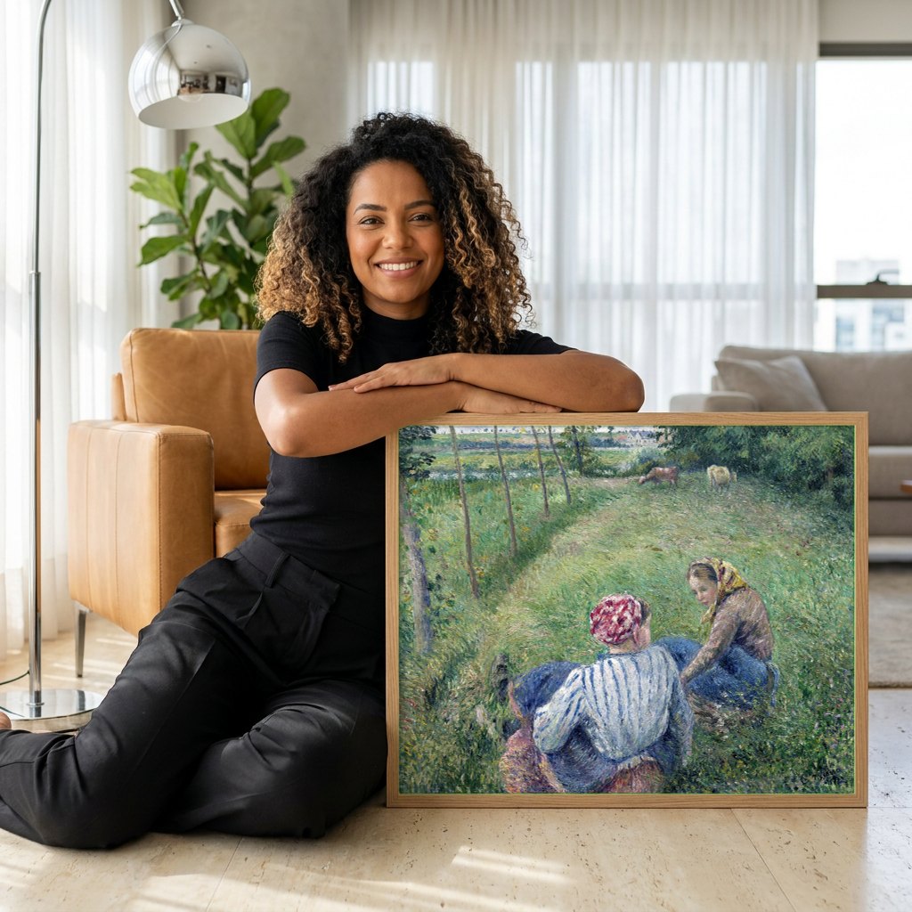 Quadro Decorativo Colheita no Campo - Pissarro | modelo apresentando o quadro emoldurado