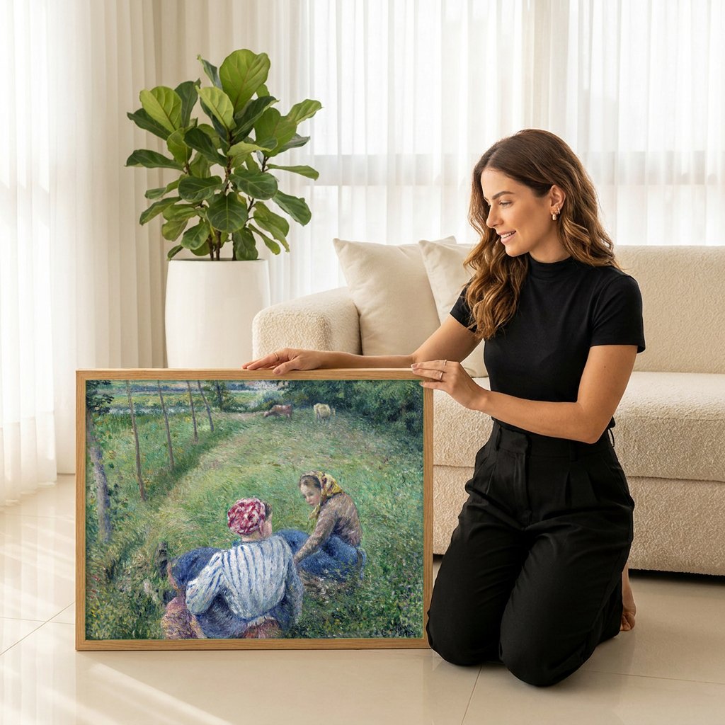 Quadro Decorativo Colheita no Campo - Pissarro | modelo apresentando o quadro emoldurado