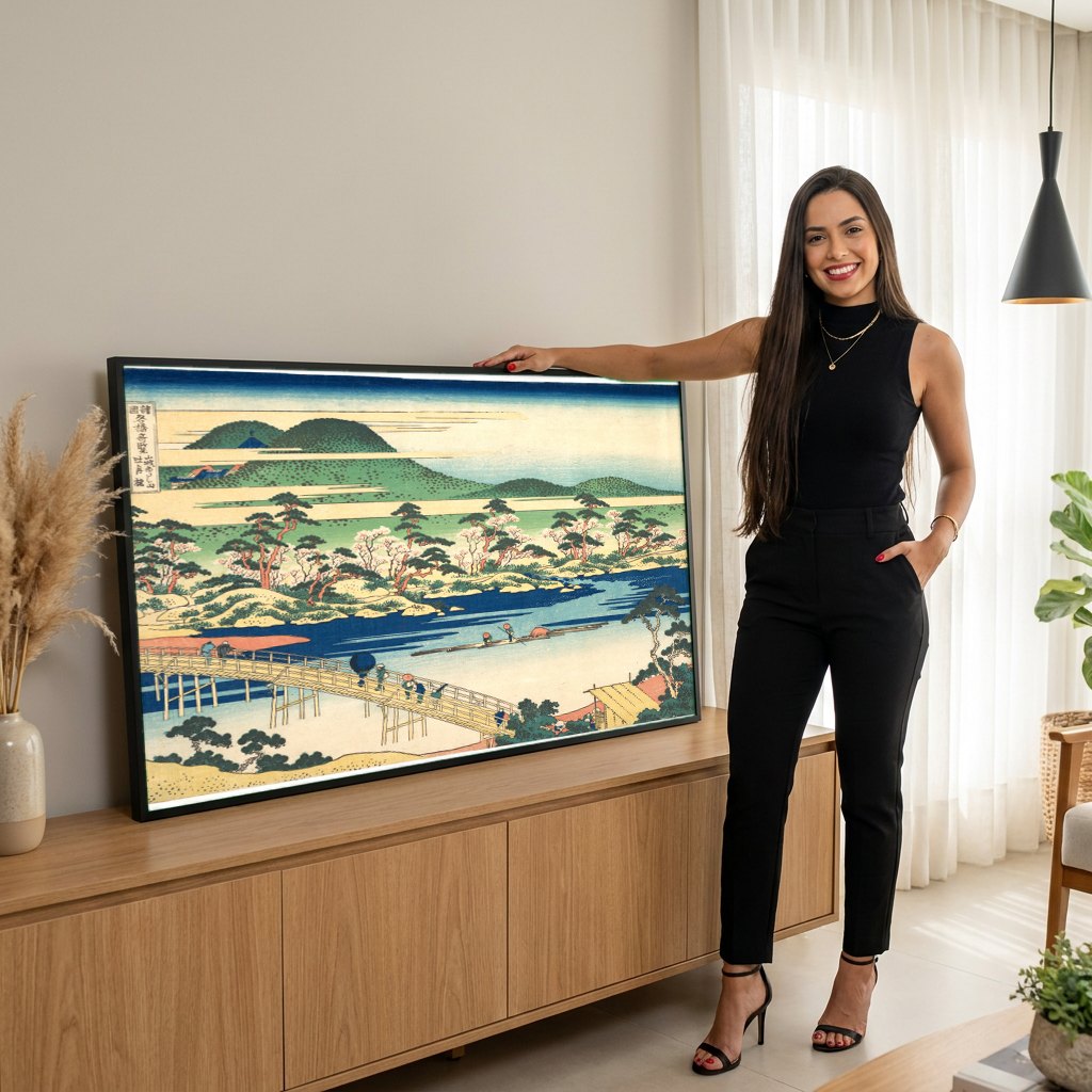 Quadro Decorativo A Ponte Flutuante de Sano - Hokusai | modelo apresentando o quadro emoldurado