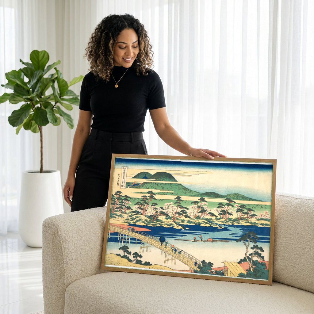 Quadro Decorativo A Ponte Flutuante de Sano - Hokusai | modelo apresentando o quadro emoldurado