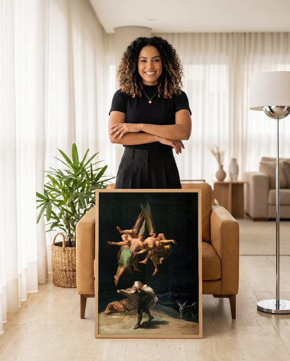 Quadro Decorativo El Vuelo de las Brujas - Goya | modelo apresentando o quadro emoldurado