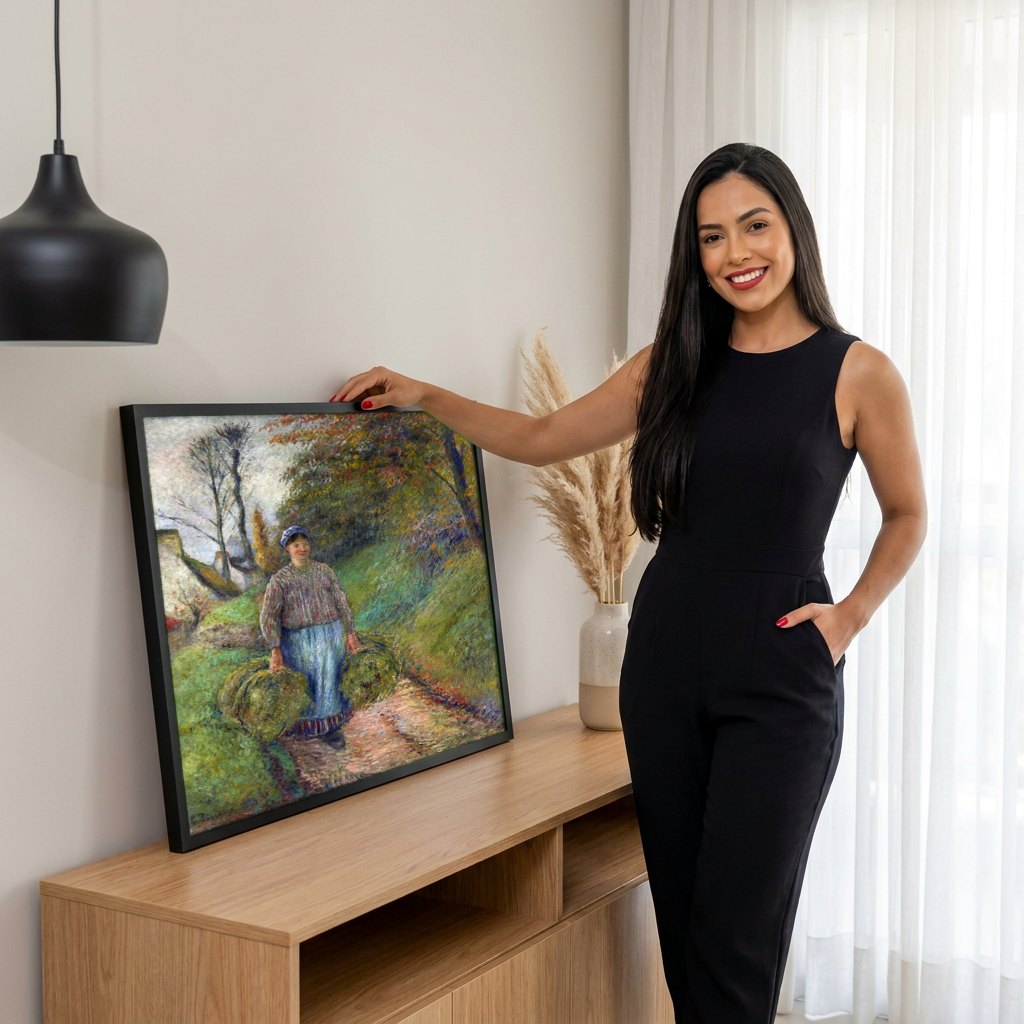 Quadro Decorativo A Camponesa com Fardos de Feno - Pissarro | modelo apresentando o quadro emoldurado