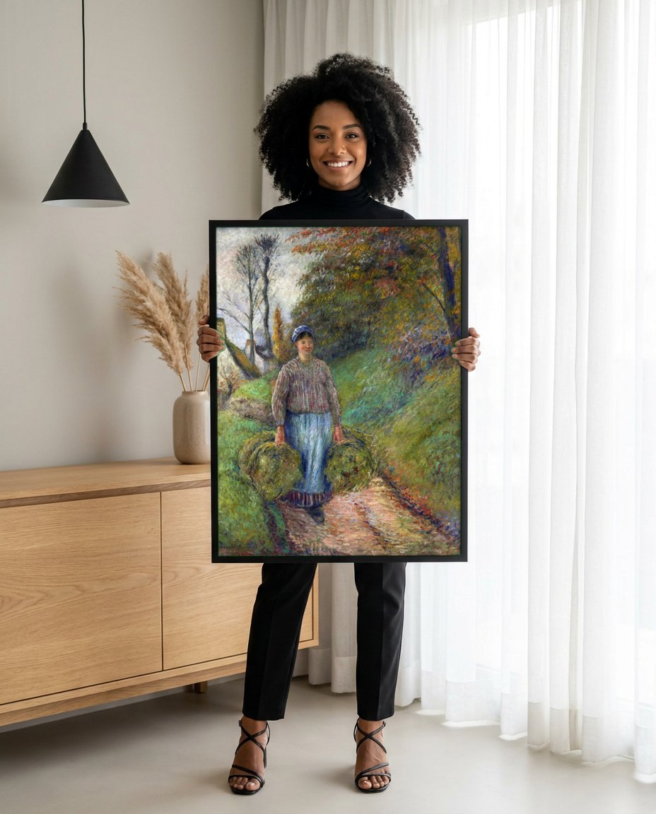 Quadro Decorativo A Camponesa com Fardos de Feno - Pissarro | modelo apresentando o quadro emoldurado