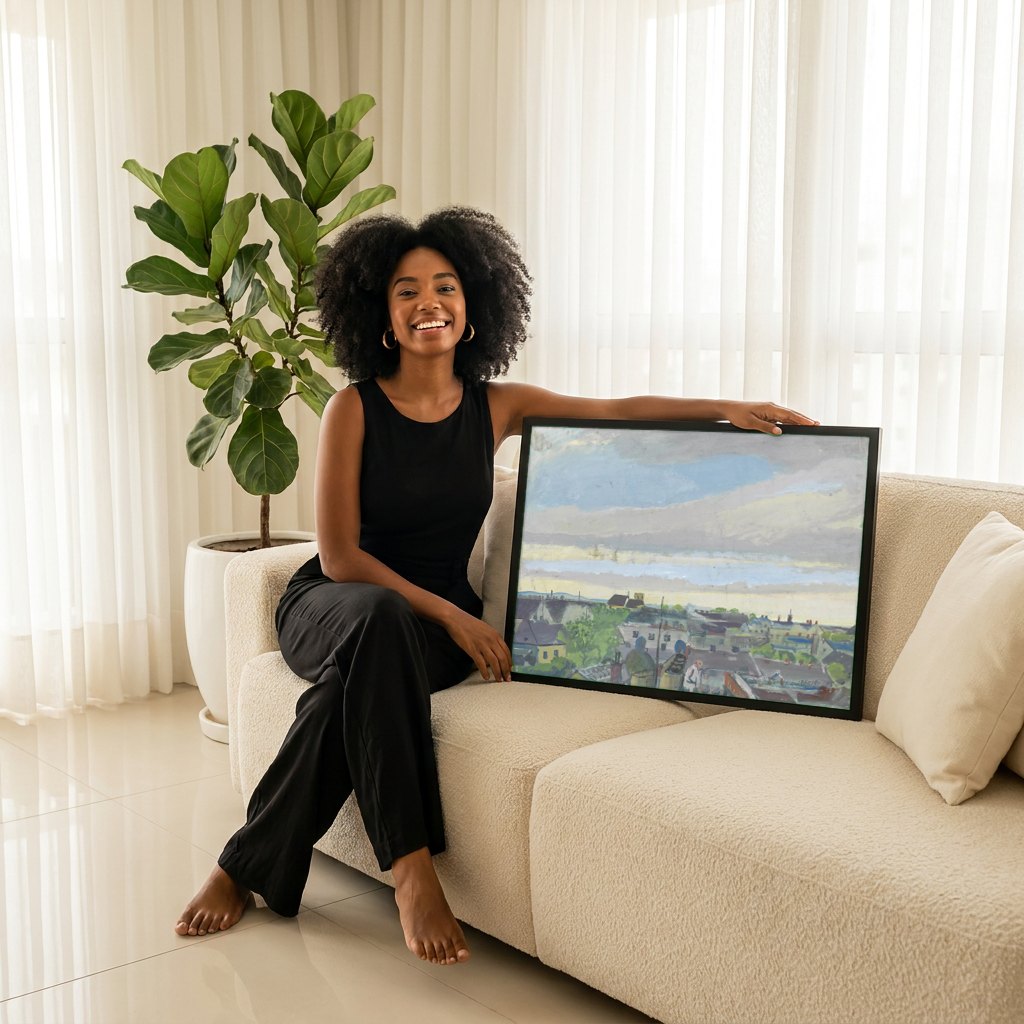Quadro Decorativo Vista Urbana - Oskar Laske | modelo apresentando o quadro emoldurado