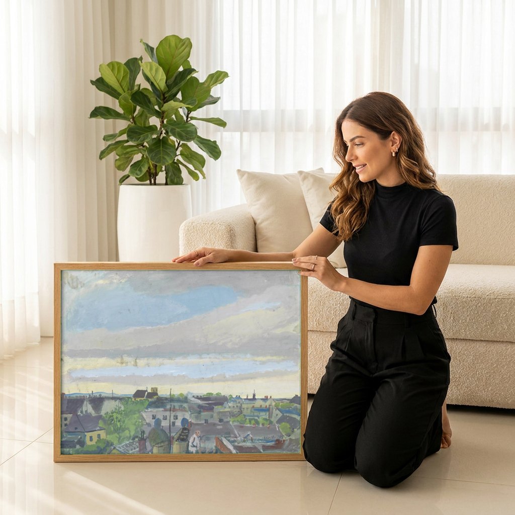 Quadro Decorativo Vista Urbana - Oskar Laske | modelo apresentando o quadro emoldurado
