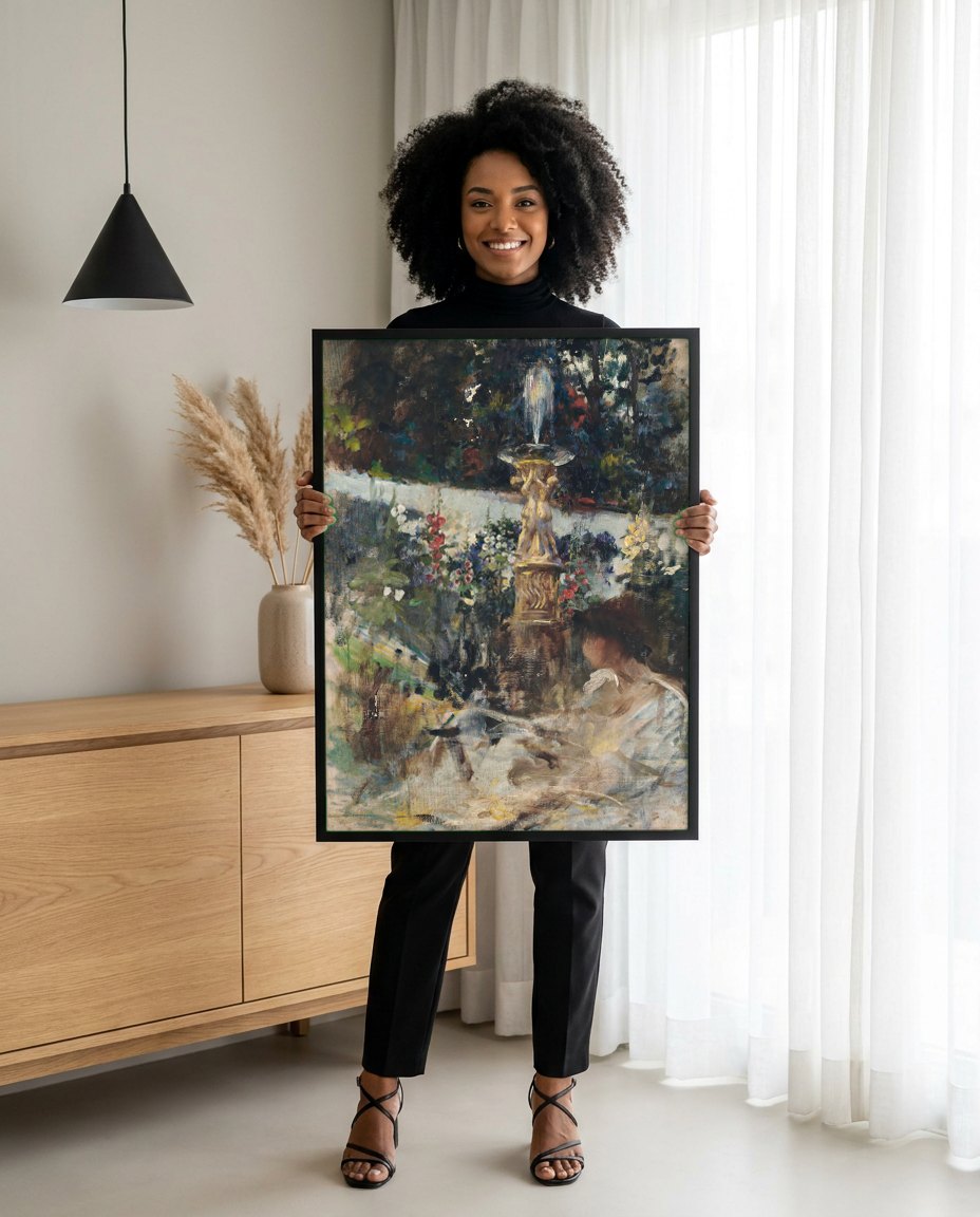 Quadro Decorativo Jardim com Fonte - James Jebusa Shannon | modelo apresentando o quadro emoldurado