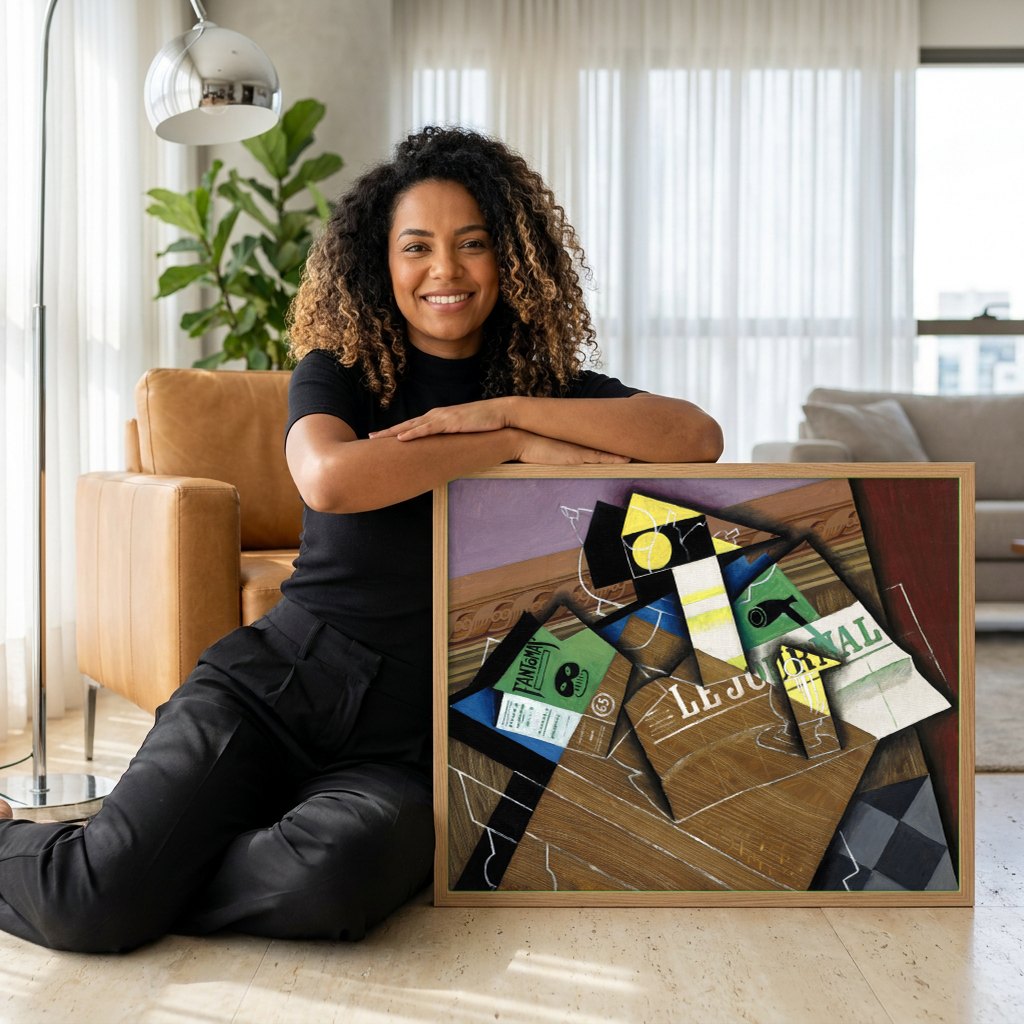 Quadro Decorativo 'Fantômas' - Juan Gris | modelo apresentando o quadro emoldurado