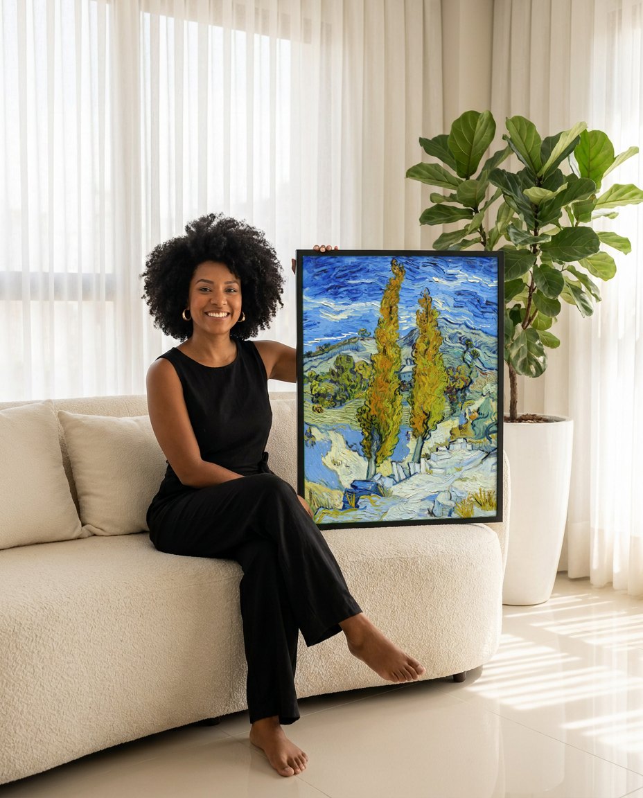 Quadro Decorativo Paisagem com Ciprestes - Van Gogh | modelo apresentando o quadro emoldurado