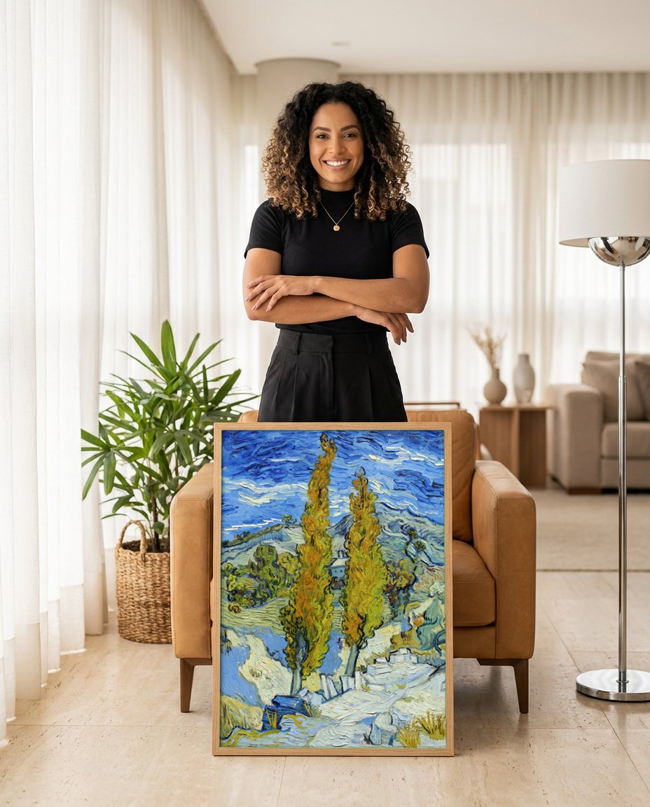 Quadro Decorativo Paisagem com Ciprestes - Van Gogh | modelo apresentando o quadro emoldurado
