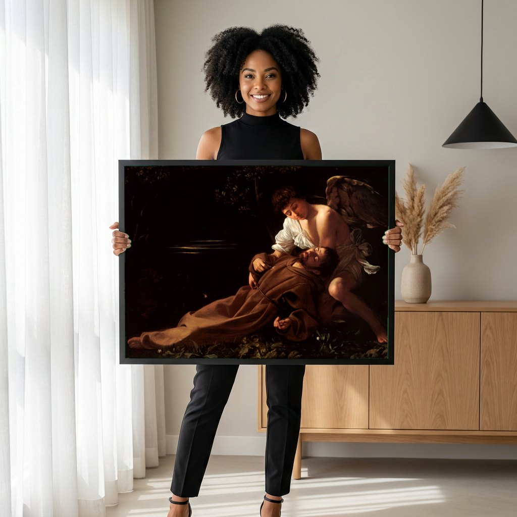 Quadro Decorativo São Francisco em Êxtase - Caravaggio | modelo apresentando o quadro emoldurado