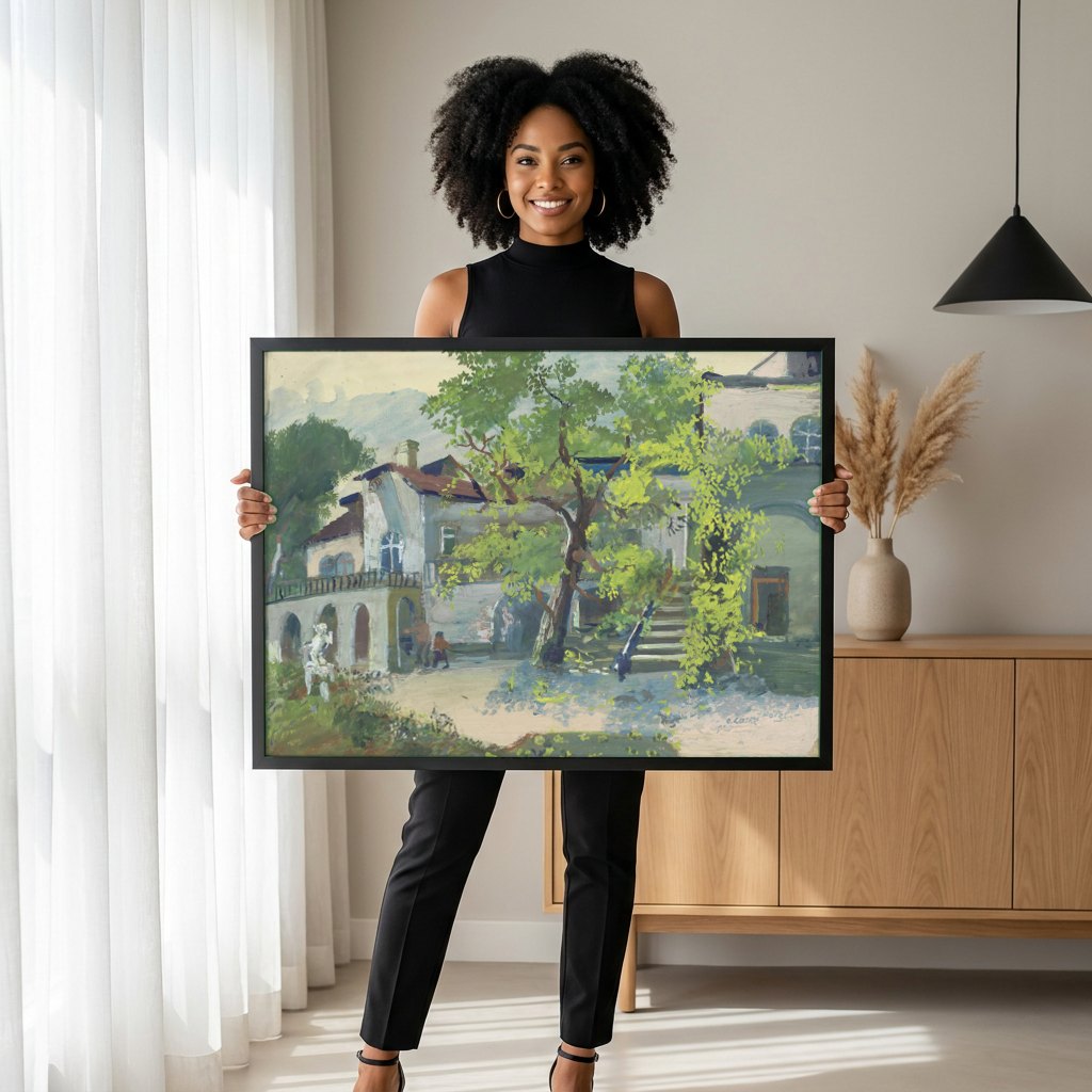 Quadro Decorativo Vilarejo Ensolarado - Oskar Laske | modelo apresentando o quadro emoldurado
