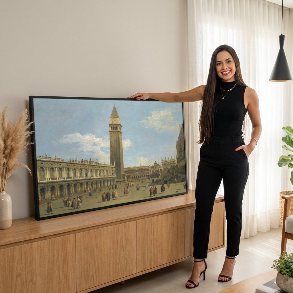 Quadro Decorativo A Praca de Sao Marcos - Canaletto | modelo apresentando o quadro emoldurado