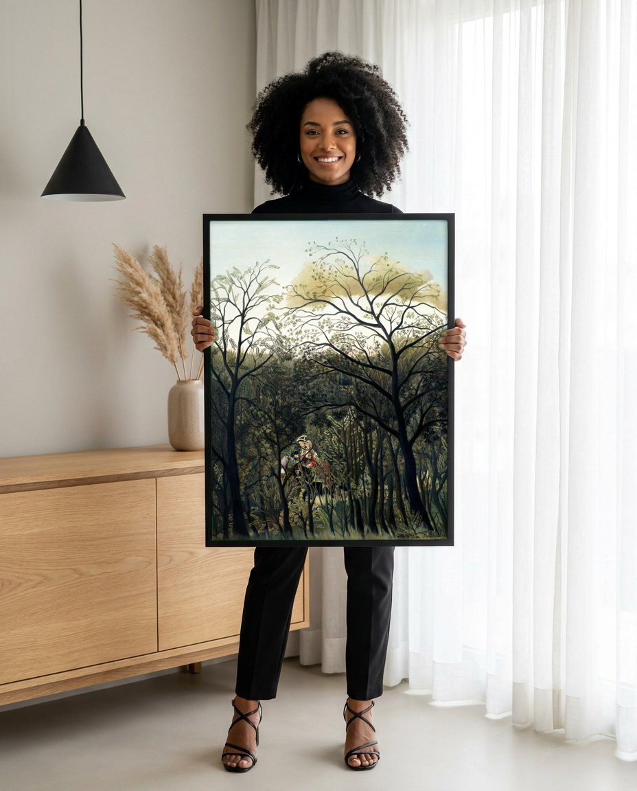 Quadro Decorativo Os Amantes - Henri Rousseau | modelo apresentando o quadro emoldurado