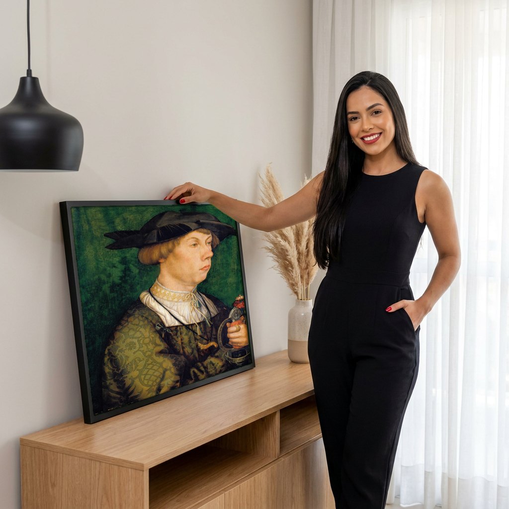Quadro Decorativo O Jovem com Cravo - Hans Holbein, o Jovem | modelo apresentando o quadro emoldurado