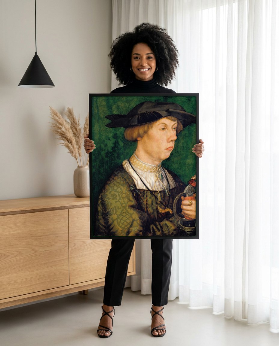 Quadro Decorativo O Jovem com Cravo - Hans Holbein, o Jovem | modelo apresentando o quadro emoldurado