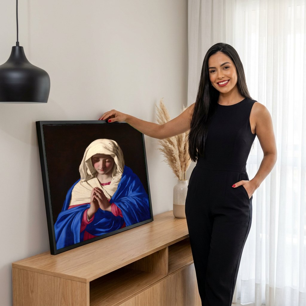 Quadro Decorativo A Virgem em Oração - Sassoferrato | modelo apresentando o quadro emoldurado