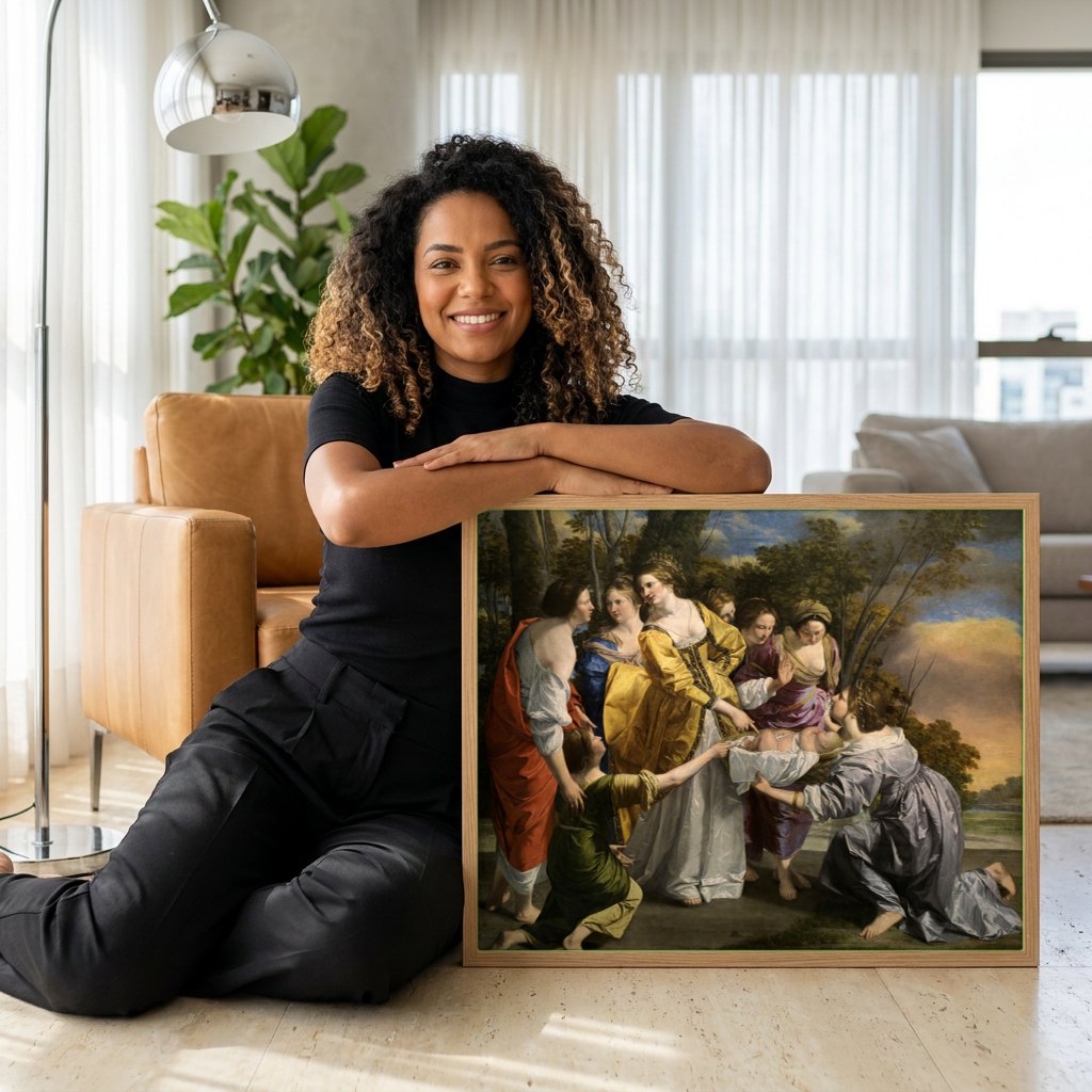 Quadro Decorativo A Descoberta de Moisés - Artemisia Gentileschi | modelo apresentando o quadro emoldurado