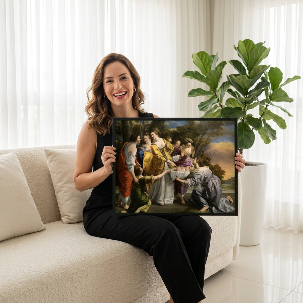 Quadro Decorativo A Descoberta de Moisés - Artemisia Gentileschi | modelo apresentando o quadro emoldurado