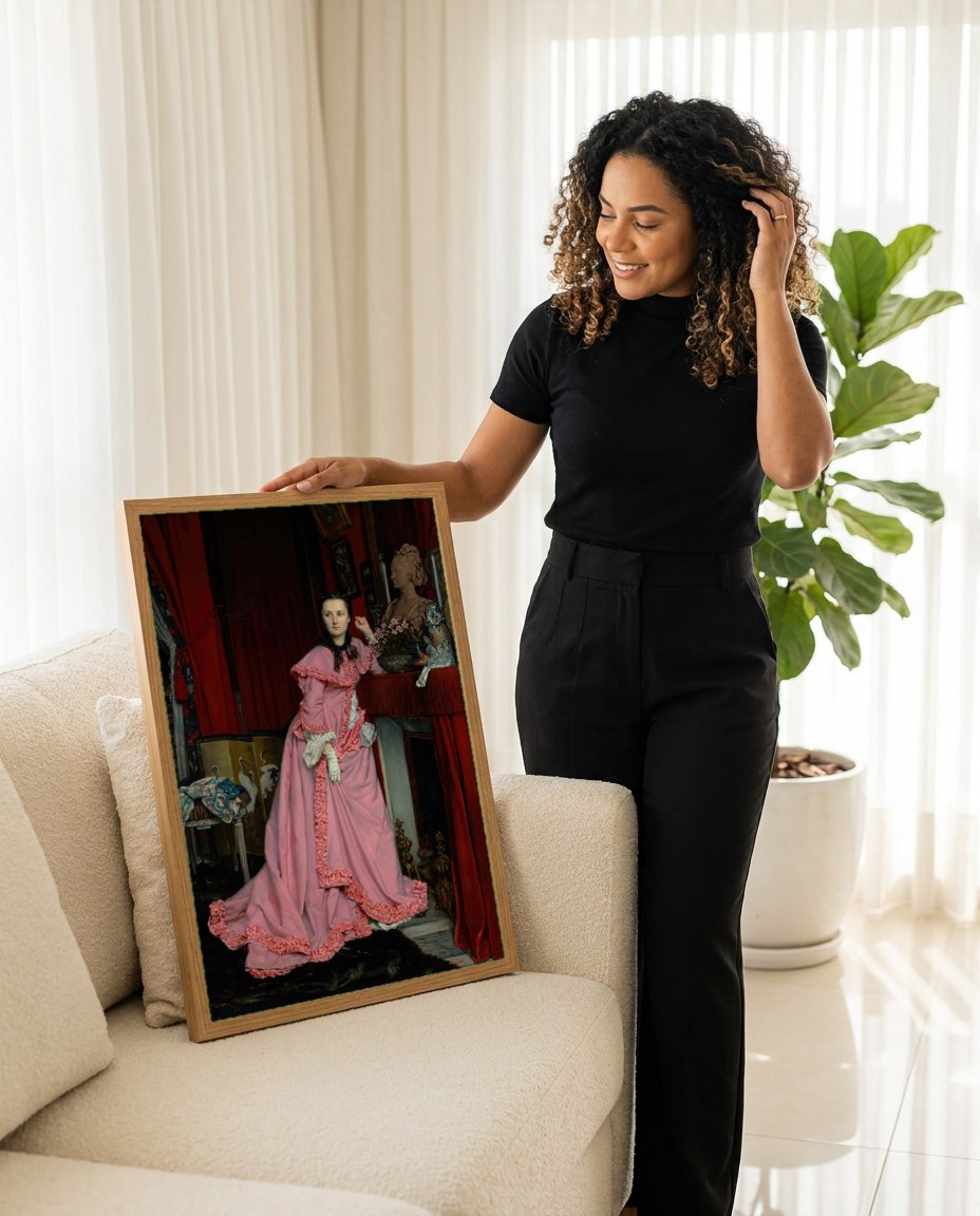 Quadro Decorativo A Mulher de Rosa - James Tissot | modelo apresentando o quadro emoldurado