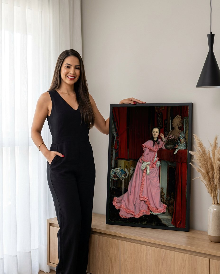Quadro Decorativo A Mulher de Rosa - James Tissot | modelo apresentando o quadro emoldurado