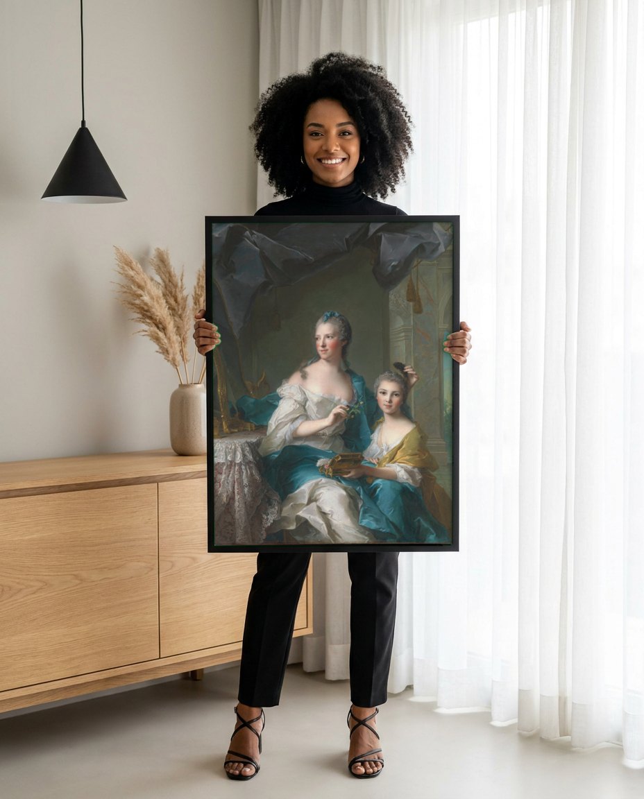 Quadro Decorativo A Duquesa de Chartres e sua Filha - Jean Marc Nattier | modelo apresentando o quadro emoldurado